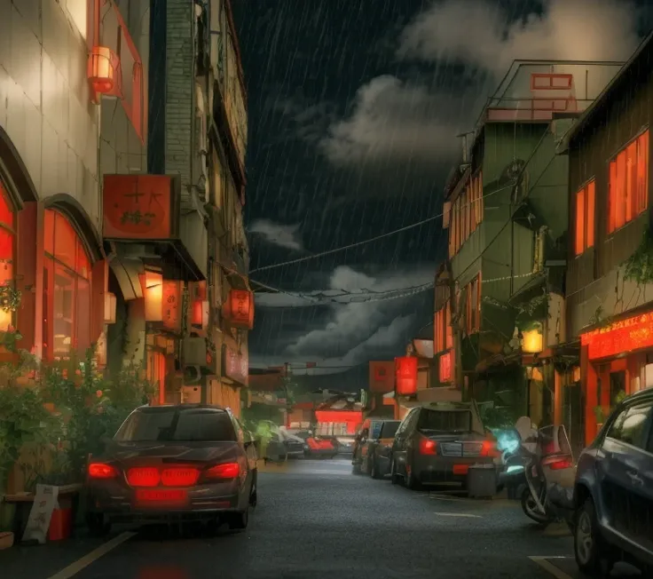 Feder village view，a lot of lights on the buildings，Dream China Town，China Village，Stunning wallpapers，surreal photo of a small town，old asian village，(The sky in the distance is covered with dark clouds)，Japan city，Raymond Han，rainy evening, Cyberpunk anc...