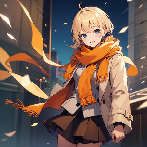 Masterpiece, solo, 1girl, smiling, scarf, coat, short skirt,  short blonde hair, orange scrunchie,