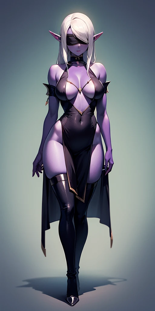 Masterpiece, standing straight symmetrical, full body female drow elf slave wearing an adventurer outfit, black blindfolded, (very purple skin)