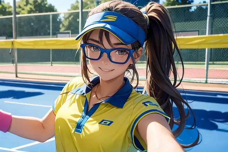 Beautiful female tennis player, 16 years old, long hair in a ponytail,,, bangs, eyeglasses, open head hat, Wristband, bright smile, Tennis practice, at the tennis court, Yellow and blue tennis outfit, anime