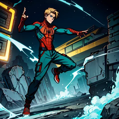 20 year old, handsome male, brownish-blond hair, blue eyes, spider-man suit (Turquoise, electric green, and black), no mask, epic pose, anime style, cargo pants, converse shoes