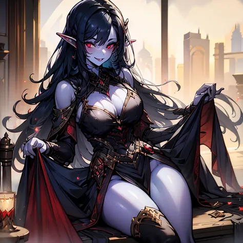 ((masterpiece)), ((best quality)), ((highres)), dark elf woman in a majestic dress sitting at a table with four other people, sh...