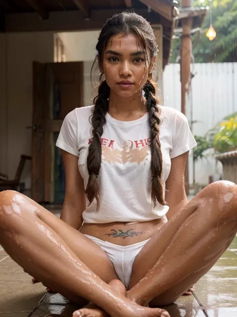 beautiful girl, Half Thai-Indian face, super model picture, The hands and feet are beautifully detailed.. Wearing a white t-shirt and no bra.. Drying in the rain, She has tan skin., braid, bangs, And put red lipstick on her lips. He has tattoos all over hi...