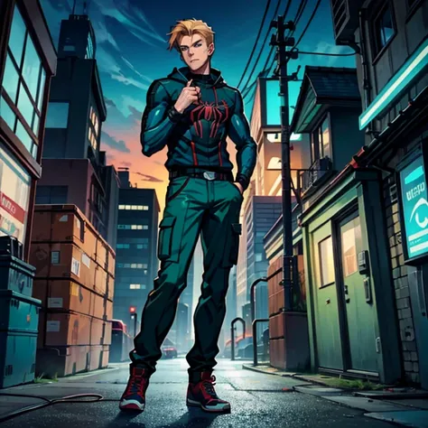 20 year old, handsome male, brownish-blond hair, blue eyes, spider-man suit (Turquoise, electric green, and black), no mask, epic pose, anime style, cargo pants, converse shoes, Spider-Man, one person