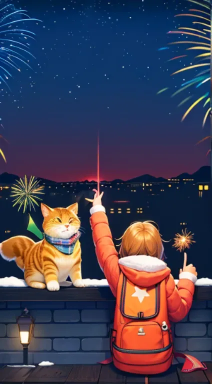 at winter season，1 cat wearing a scarf，1 girl wearing down jacket，standing behind a wall，with his back to the viewer，在夜空中看fire works, The night sky is filled with fireworks, Background image, City night view in the background, fire works在背景中, illustratio, ...