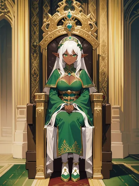 (((Very high image quality))),((Dark Skin)),(((Elf Woman))),(((White hair))),(((green eyes))),(((Seyxy body))),(Big breasts),((Medieval dress)),((Sitting on the throne)),((Throne hall)),((With several people around her))