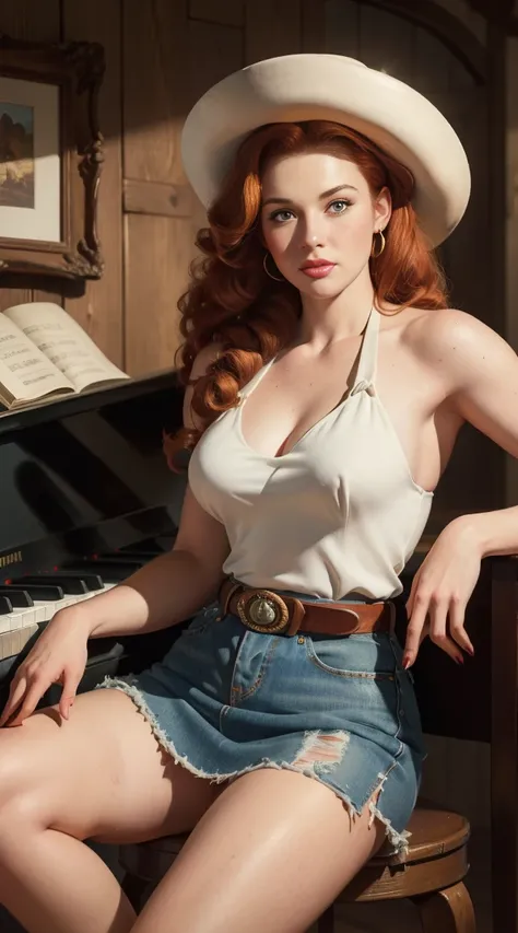 (masterpiece:1.4), (best quality:1.4), retro vintage pin-up style, extremely detailed, intricate, hyper-detailed, illustration, soft lighting, 18-year-old pin-up girl, long curly red-head hair, (perfect_face), sitting on a mini piano stool, ((white halter ...