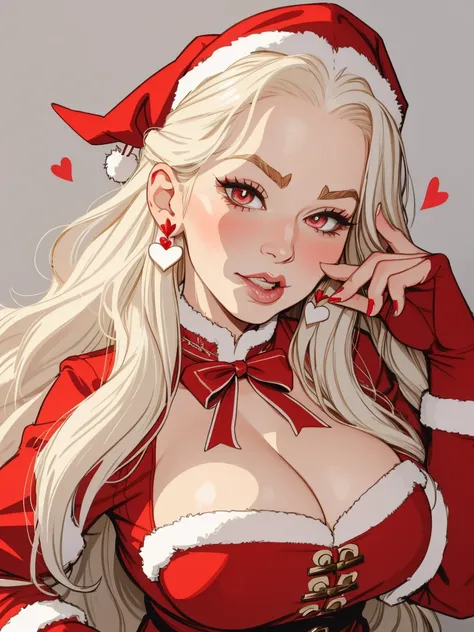 Mrs Claus, long wavy white hair, milf, busty, upper body, white eyebrows, horny, lip bite, biting her lips, fingers near mouth, heart-shaped symbols, heart-shaped pupils,, blushing, smug, horny, arroused,, hand near face, looking at viewer