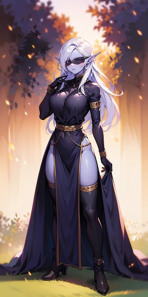 standing straight symmetrical, full body female drow elf slave wearing an adventurer outfit, black blindfolded, (very purple skin), lens flare, overexposure, bokeh, Masterpiece