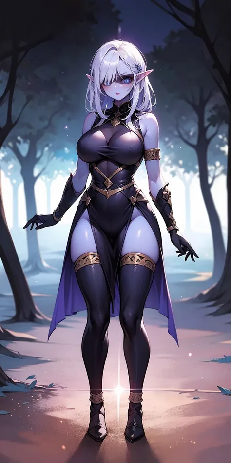 standing straight symmetrical, full body female drow elf slave wearing an adventurer outfit, black blindfolded, (very purple skin), lens flare, overexposure, bokeh, Masterpiece