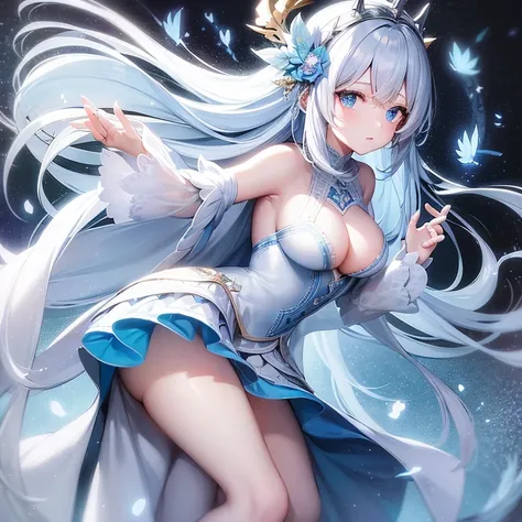 white long hair and light blue eyes. She usually wears a white pajama dress, but in Sirins illusion, she wears the Winter Princess costume, a light blue crown, a black and blue cape and a white and light blue dress.