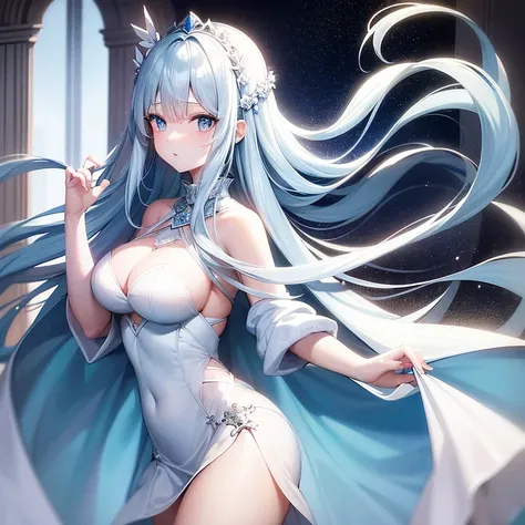 white long hair and light blue eyes. She usually wears a white pajama dress, but in Sirins illusion, she wears the Winter Princess costume, a light blue crown, a black and blue cape and a white and light blue dress.