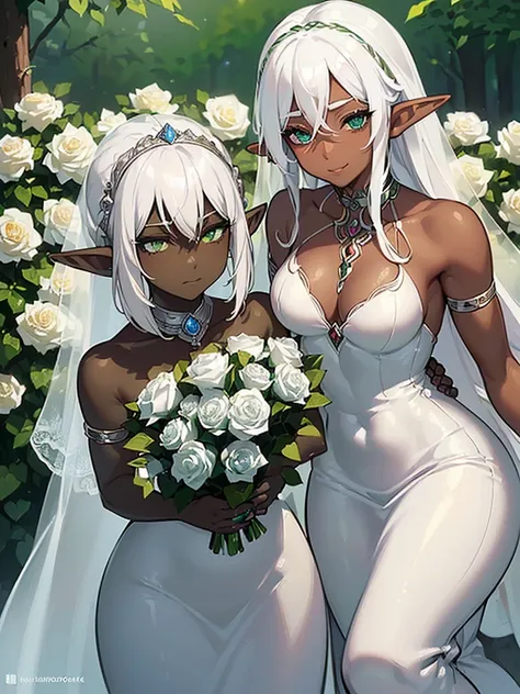 (((I want an elf woman with dark skin, white hair and lightly detailed green eyes, with full breasts and a beautiful body, wearing a detailed white wedding dress, And on her face a shy expression but with a gentle smile while holding a bouquet of roses)))