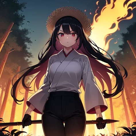 Medium size anime girl with long black hair and red eyes wearing a black straw hat and a black long sleeve ancient Japanese shirt and long black pants, she is wearing black gloves, she is holding a spear in her right hand, she is looking serious in a bambo...