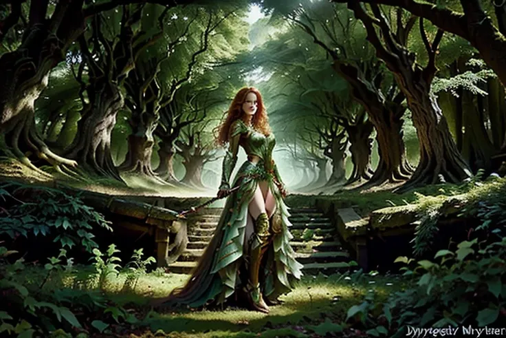 painting of a beautiful woman in a forest with ginger long bouncy waves in hair and a sword, goddess of the forest, earth goddess mythology, queen of the forest, dryad, goddess of nature, forest dryad, dryad in the forest, pagan goddess, peter mohrbacher s...