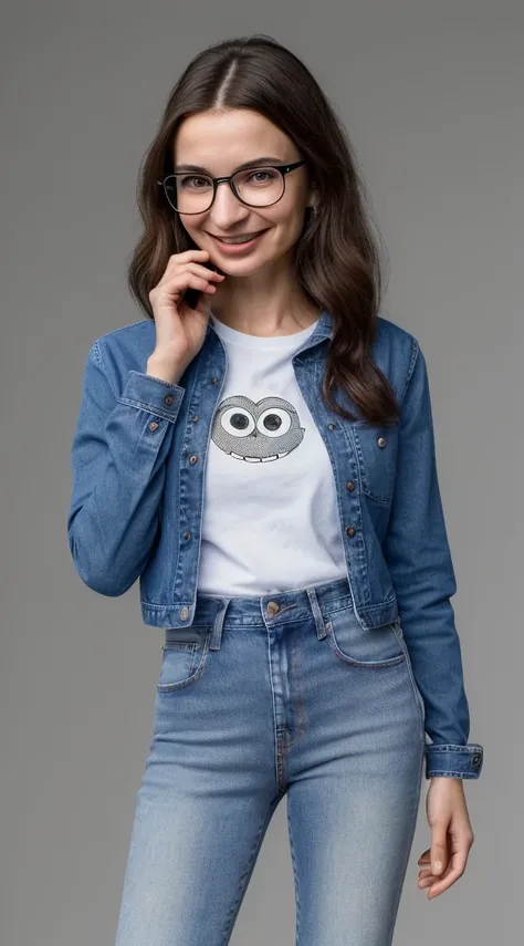 arafed woman with glasses and a smile on a cell phone, 25 years old, wearing jeans and sneakers with a long sleeve tshirt,  slight nerdy smile, short, diminutive, nerdy, cute, petite, miranda meeks-emily ratajkowski-aleksandra waliszewska-magdalena radziej...