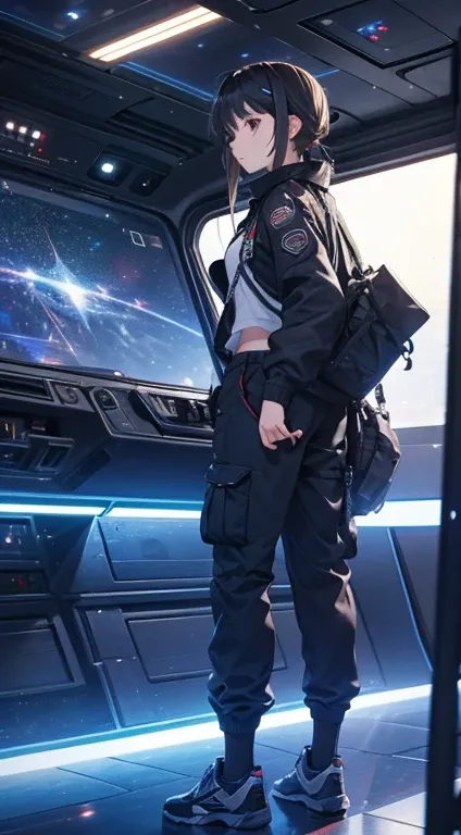 a white teenager girl wearing a baggy black shirt and black cargo pants, space, spaceship, futuristic,