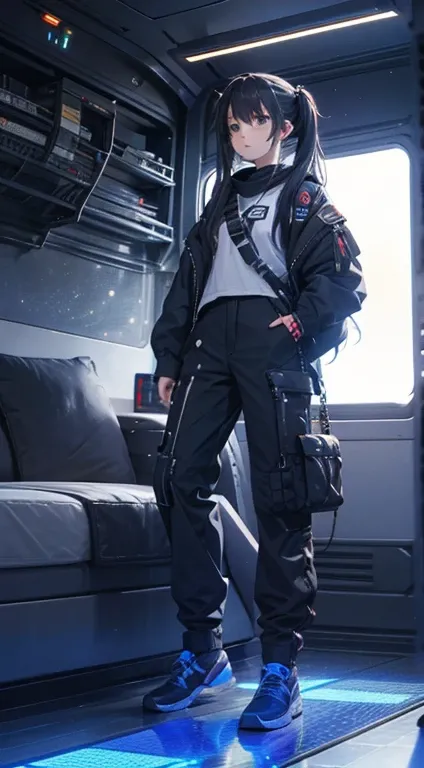 a white teenager girl wearing a baggy black shirt and black cargo pants, space, spaceship, futuristic,