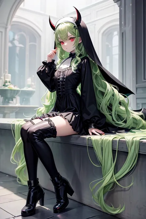 Light green hair. Long wavy hair. petite girl. little black devil horns. Red Eyes.nun.lolita.gotik.Little Black Riding Hood.s whole body.from head to toe.Black Boots