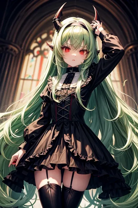 Light green hair. Long wavy hair. petite girl. little black devil horns. Red Eyes.nun.lolita.gotik.Little Black Riding Hood.s whole body.from head to toe.Black Boots.Long skirt