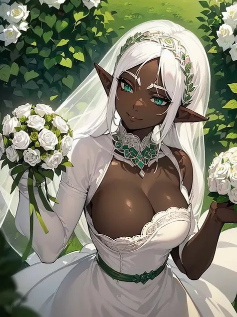 (((I want an elf woman with dark skin, white hair and lightly detailed green eyes, with full breasts and a beautiful body, wearing a detailed white wedding dress, And on her face a shy expression but with a gentle smile while holding a bouquet of roses)))