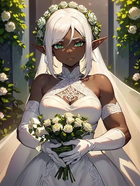 (((I want an elf woman with dark skin, white hair and lightly detailed green eyes, with full breasts and a beautiful body, wearing a detailed white wedding dress, And on her face a shy expression but with a gentle smile while holding a bouquet of roses)))