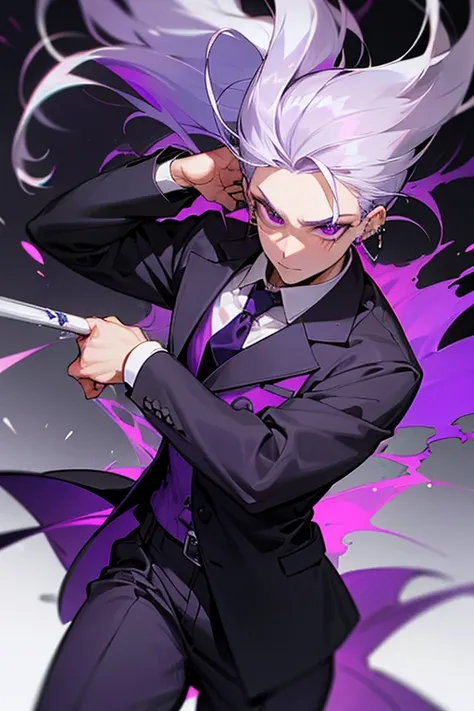 Silver hair with a hint of purple. Man with a. dress shirt with white collar.dark purple tie.dark purple pants. black whip. piercings. Looks like someone in their 20s.