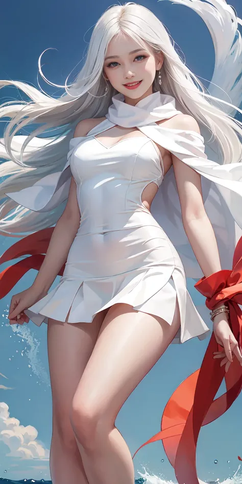 full-body close-up, create an elegant atmosphere), white short skirt, white hair shawl, graceful flowing, elegant movements, lustful smirking smile expression (red blush), floating in the air, (1girl), slim figure)