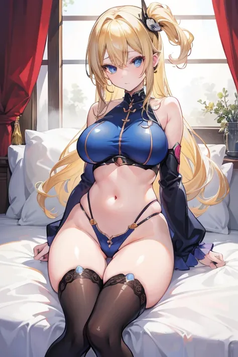 (masutepiece), Best Quality, Expressive eyes, Perfect face, Anime girl with blonde hair and black stockings sitting on bed, Seductive Anime Girl, oppai, Beautiful captivating anime woman, Hajime Yatate, biomechanical oppai, a female anime character, offici...