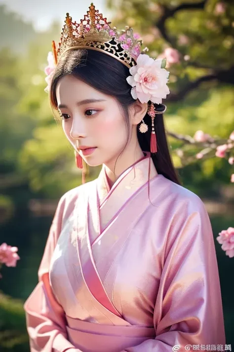 Arafe woman in pink dress with a crown of flowers on her head, Color photography inspired by Lan Yin, trending on cg society, Realism, Hanfu, palatial palace ， a girl in Hanfu, ancient chinese princess, a beautiful fantasy empress, Ancient Chinese Art Styl...