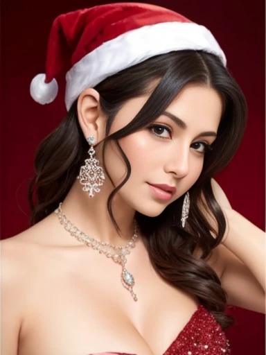 Lebanese lady, diamond dangling earrings, necklace, bracelets, small breasts, santa outfit, sad, hot,  blush, side swept hair style, cleavages, radiant skin, 40 years old, innocent face