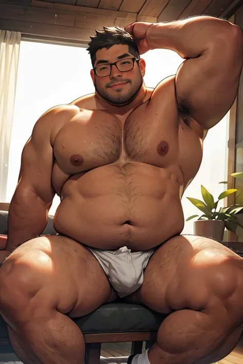 ​masterpiece,top-quality, in 8K, A fat manNaked, Spread legs, stretch and relax, nerdy, short legs, Bowleg, (fatness: 1.0), Blushing and relaxed fat man, looks sleepy, Bare belly, Bare legs, Shirtless, Glasses, thinning hair, Man with big face, Round face,...