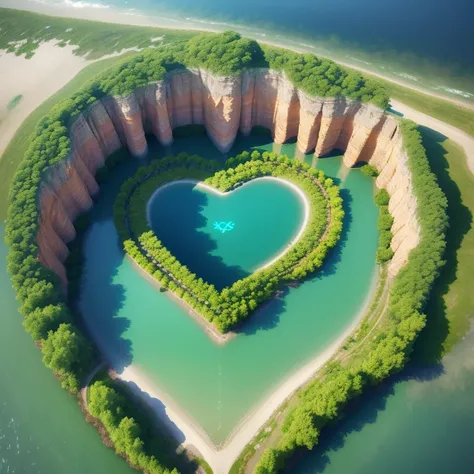 A heart-shaped flower in the middle of the lake with water on the edge of the lake aerial view 8K