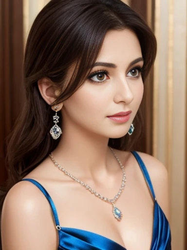 Lebanese lady, diamond dangling earrings, necklace, bracelets, small breasts, blue satin dress, sad, hot, blush, side swept hair style, cleavages, radiant skin, 40 years old, innocent face, smokey eyes