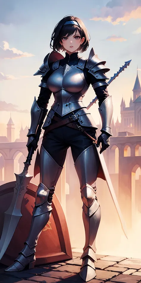 (fighting stance, holding,weapon,spear, shield:1.2),gwendolyn,headband, armor, breastplate, pants,, gloves, pauldrons, gauntlets, looking at viewer, shoulder armor,outdoors,castle,(masterpiece, best quality, ultra-detailed, best shadow)