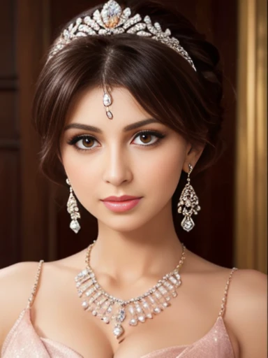 Lebanese lady, diamond dangling earrings, necklace, bracelets, small breasts, beaded dress, sad, hot, blush, side swept hair style, cleavages, radiant skin, 40 years old, innocent face, smokey eyes