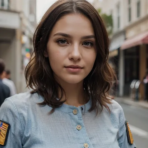 Breathtaking cinematic photo of a 30 year old girl with brown hair and brown eyes, happy, cheerful expression, closed mouth, beautiful lips, intricate details, shallow depth of field, highly detailed, high budget, epic Hollywood film, gorgeous, masterpiece...