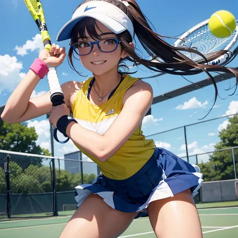 Beautiful female tennis player, 16 years old, long hair in a ponytail,,, bangs, eyeglasses, open head hat, Wristband, bright smile, Tennis practice, at the tennis court, Yellow and blue tennis outfit, anime