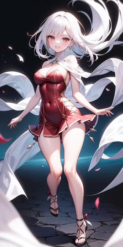 full-body close-up, create an elegant atmosphere), white short skirt, white hair shawl, graceful flowing, elegant movements, lustful smirking smile expression (red blush), floating in the air, (1girl), slim figure)