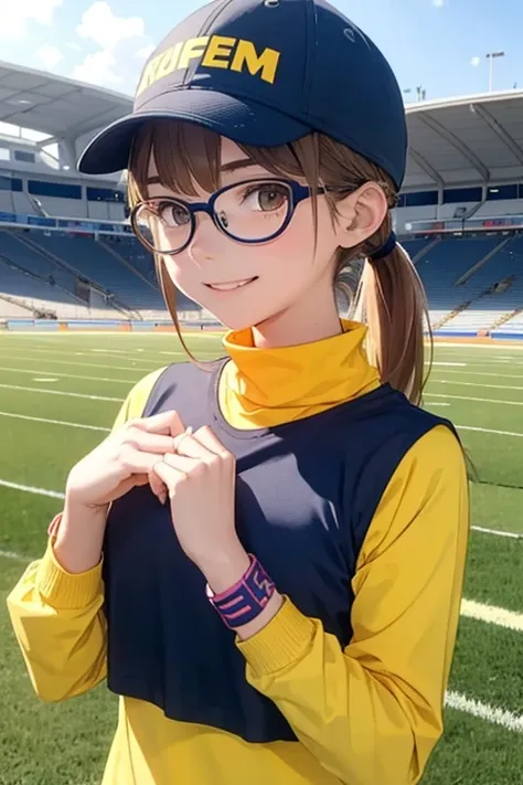 beautiful girl runner, 16 years old, long hair in a ponytail,,,,, bangs, eyeglasses, open head hat, wristband, bright smile, Practice running, at the school stadium, Yellow and blue turtleneck sportswear., anime