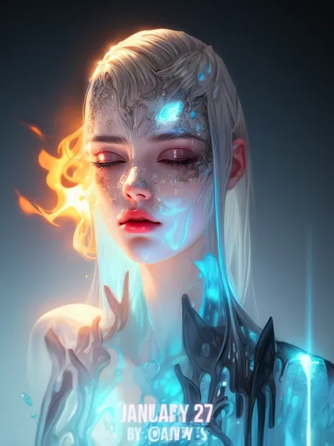 a close up of a person with a white body and a candle, january 20th, beeple and james jean, melting and dripping. eerie, her body made of flames, woman made of black flames, all face covered with a fire, beeple daily art, emerging from blue fire, realism |...