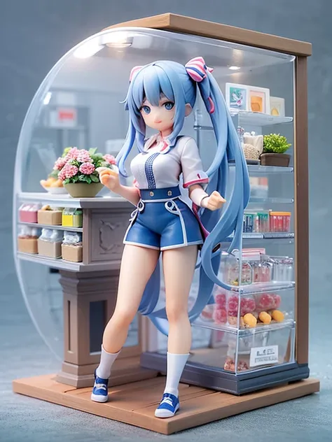 1 neat girl、long blue hair、beautiful clear bright blue eyes、shy smile、convenience store clerk 、 enter the acrylic box and stand ...