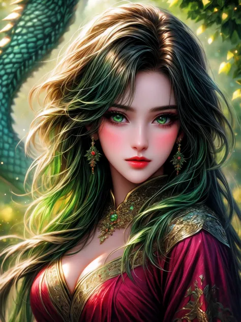 girl,dragon,detailed eyes,detailed lips,beautiful face,flowing hair,green garden,romantic,impressive colors,oil painting,highres,bokeh,vivid colors,soft lighting