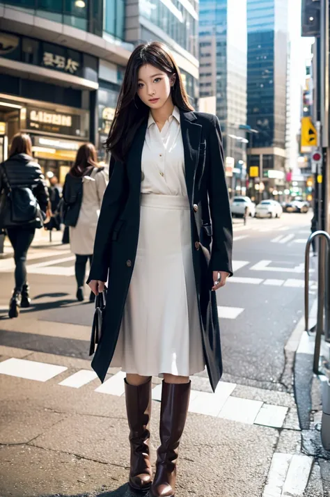 ２０Female Generation、Beautie、Asian Beauty、Long black hair、half up、Clear department、coat、skirt by the、boots、full bodyesbian、Standing、Stylish cityscape、Will、Clearly double eyelids、Big tear bag、Sakura Miyawaki