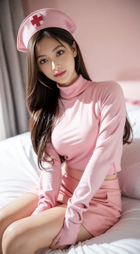 （A girl with pink double ponytail with long hair and pink nurse costume sitting on the ground：1.3），（Wear pink：1.3），Nurse hat，Pink turtleneck full body nurse uniform，hospital，hospital bed，Solo，upper-body，Cowboy shot，（Bottom-up perspective：1.3），Bright eye，Sm...