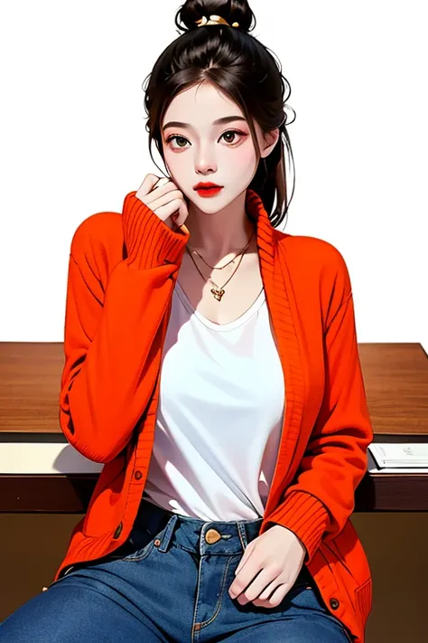 On the table, Best quality at best, ((with a pure white background)), Permanent, Brunette bun,Grim, full bodyesbian, (Denim jacket, blue sweater,Black pants、 Casual and beautiful clothes),  Light effect, The soft, ultraclear, HD picture, (frontage),quality...