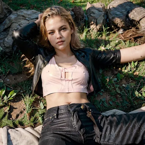 female supermodel lies on her stomach and chest on the grass field. Buttocks facing up. Light pink T-shirt, Black leather jacket, black jeans.