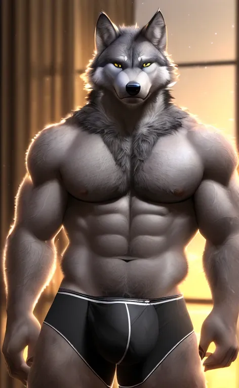 ((ultra realistic, masterpiece, cinematic lighting, extreme detail, realistic detailed fur, realistic shaders)), (wolf), pose, (happy, smiling, handsome), (detailed face, detailed eyeull body view), (big pecs:1.43), (big penis, big bulge), detailed backgro...