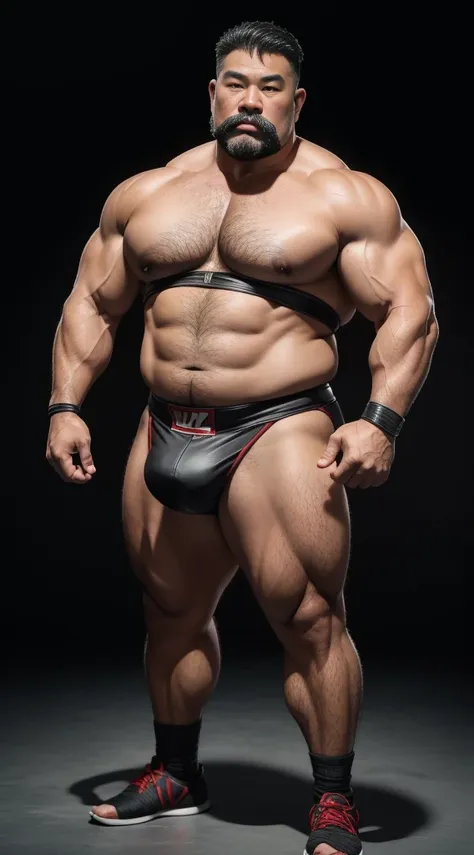 Middle age，the only person，male people，Muscle wrestler，Muscular，Stout wrestler，Asian people，uncles，60岁的Middle age，short detailed hair，short detailed hair细节，Wrestling Bootle Body Figure，Panorama characters，WWE ring，WWE American professional wrestling，spotli...