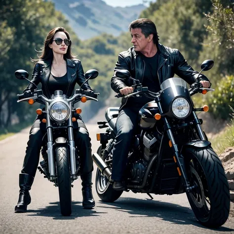 Sylvester Stallone and Angelina Jolie on a motorcycle